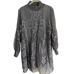 Soft Surroundings 100% Silk Embroidered Lace Chiffon‎ Tunic Shirt Top Large